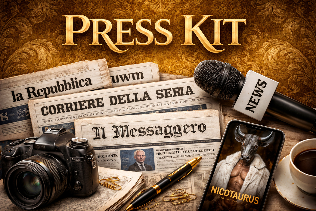 Materiali press kit su sfondo nero con dettagli rossi
